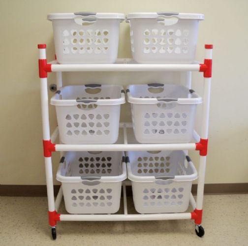 Large-capacity cart is equipped with six heavy-duty plastic baskets