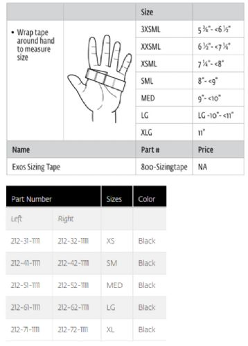 Exos Long Thumb Spica with BOA Sizing Chart with Measurements