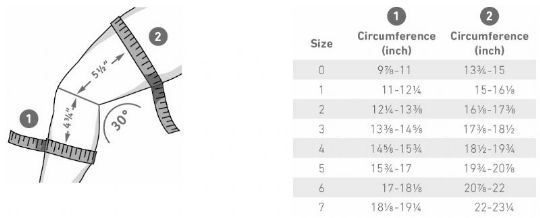 size chart for the knee support