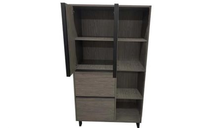 Storage Cabinet With Fixed Shelves and Two Pull Out Drawers With Doors and a Welded Steel Base