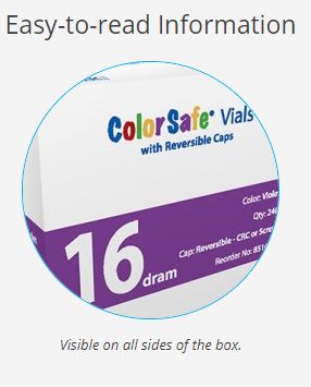 ColorSafe Vials with Reversible Caps (RC) by MHC offers easy to read quick review information on four sides of the box.