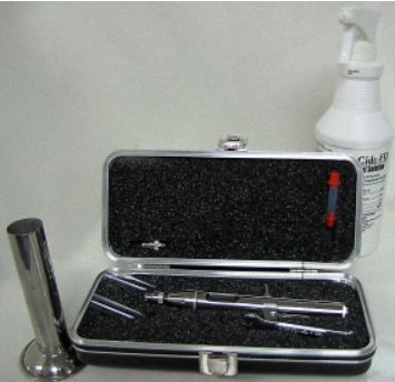 Urology MadaJet kit includes a straight head assembly, a stainless steel sheath, Extenda tips, a stand, disinfectant cleaning solution, and a customized carrying case