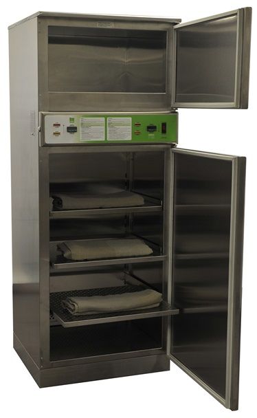 Open view of a tall warming cabinet without the inset glass front