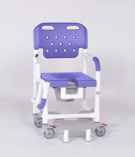 Shower chair shown with drop arm down and extended footrest in blue