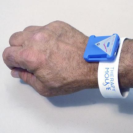 Sensor can be attached to the wrist for a motion-sensing wearable pointing device during game-driven physical rehabilitation. 