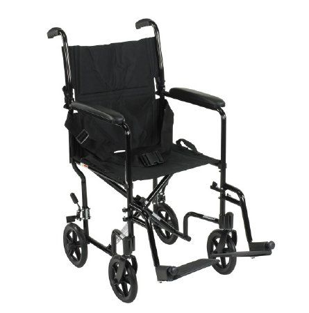 The Lightweight Transport Chair is shown above with a black frame. 
