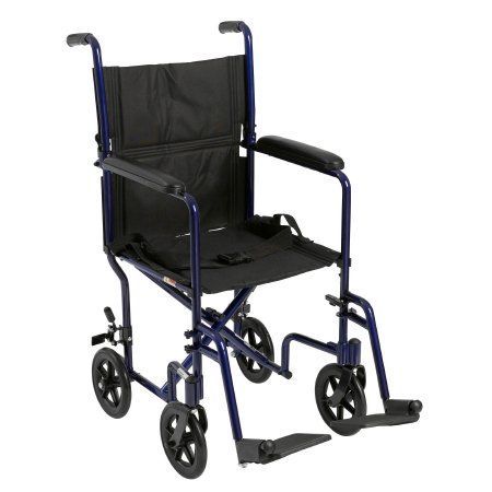 The Lightweight Transport Chair is shown above with a blue frame. 