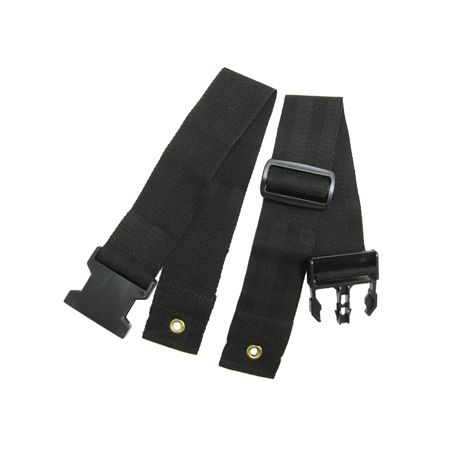 Black seat belt with a black push release button. (Two-Piece Seat Belt. 45  Long, 2 Webbing)