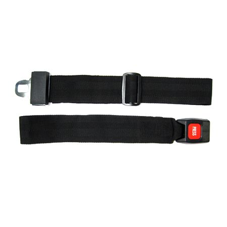 Black seat belt with a red release button. (Seat Belt for Manual Wheelchair Push Button, Auto style. 48 long, 2 webbing)