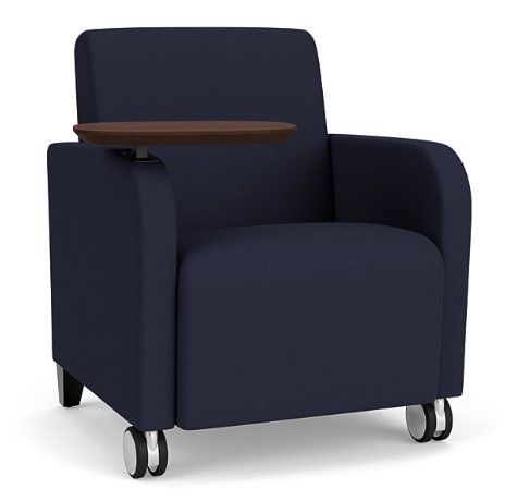 Black Wooden Legs with Front Casters, Swivel Wooden Table, and Navy Upholstery