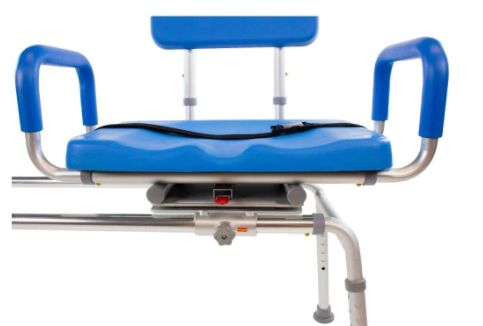 Close-up view of the seat of the Carousel Bariatric Transfer Bench by Platinum Health