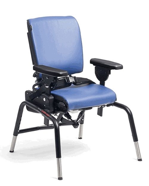 Rifton Large Standard Base Activity Chair with blue padding and seatbelt, pictured with optional armrests