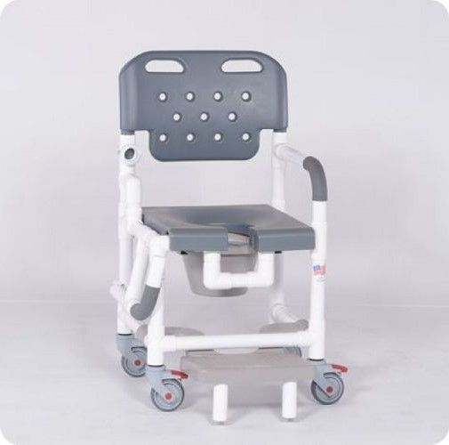 Shower chair is shown with drop arm down and extended footrest in grey