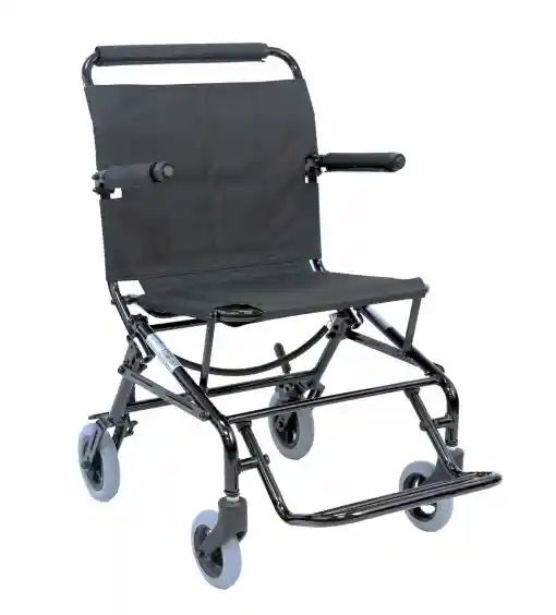 Wheelchair shown with footrest put away