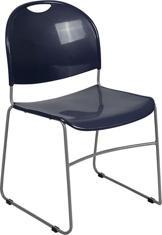 A navy blue seat with a silver frame is shown above