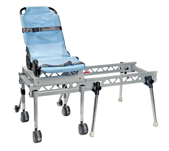 Ultima Access Bath Chair in Beach Bubble Blue with Foldable Transfer Base shown without open seat