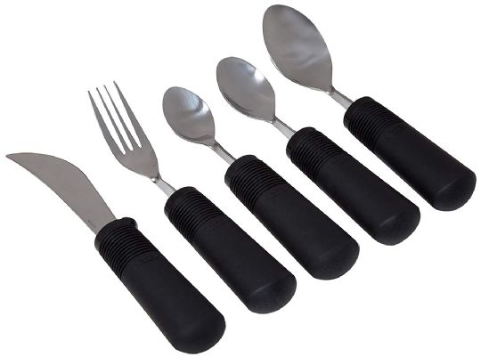 Adapted eating utensils including built-up handles on spoon and fork, a