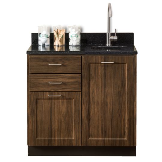 Base Cabinet in Chestnut Hill Finish and Black Coral Quartz Countertop (Accessories Not Included)