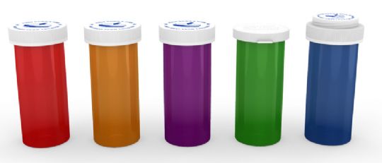 ColorSafe Prescription Vials with Child-Resistant Caps (CRC) by MHC showing three different style caps. (ONLY AVAILABLE in Amber/Yellow, Blue, and Green with CRC Cap. Child-Resistant Cap is shown on red, amber, and violet bottle.)
