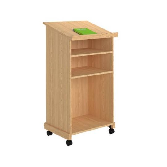 Rolling Kinetic Lectern with Oak or Maple Veneer and Storage Shelves