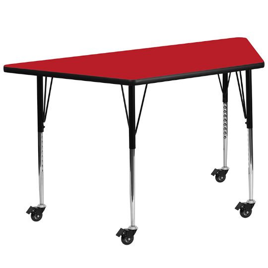 The Trapezoid Classroom Activity Table shown above has a red top and casters