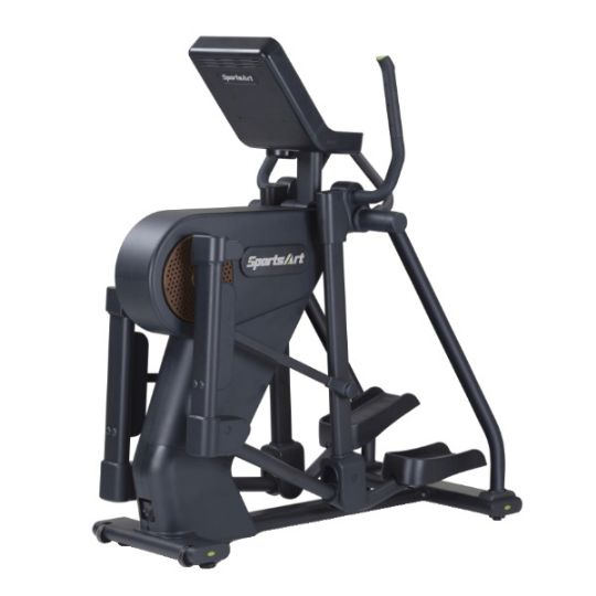 A self-powered elliptical machine with heart rate sensors and an optional 16-inch console