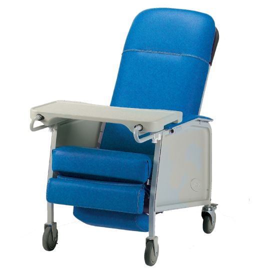 With a hide-away footrest and vinyl seat for easy cleaning - Blue Ridge color option