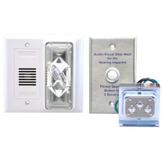 Shown above is the Loud Alarm / Strobe Doorbell Signaler with Button and Transformer (Deluxe Version shown above)
