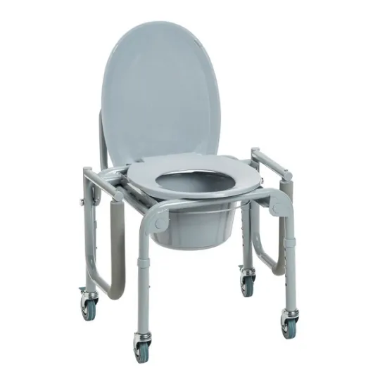 To facilitate seat entry/exit and lateral transfers, the commode arms completely drop down and out of the way