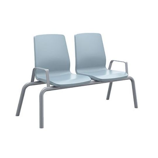 Durable two-seat bench with armrests, bolt-down frame, and blue-gray finish