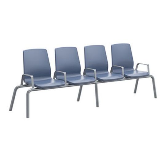 Four-seat structured seating bench with armrests, floor glides, and blue-gray finish