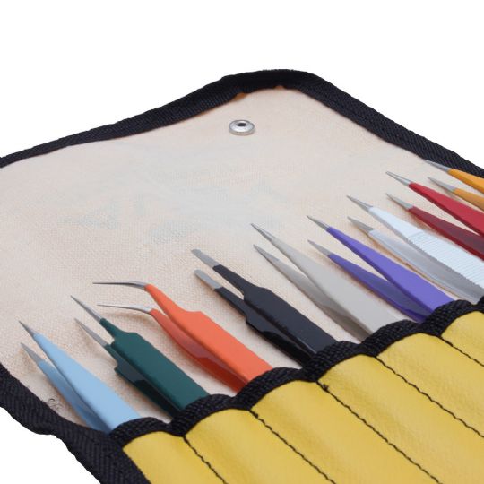 Close-up of E-Z Pik 9-Piece Tweezer Set with Color-Coated Tips