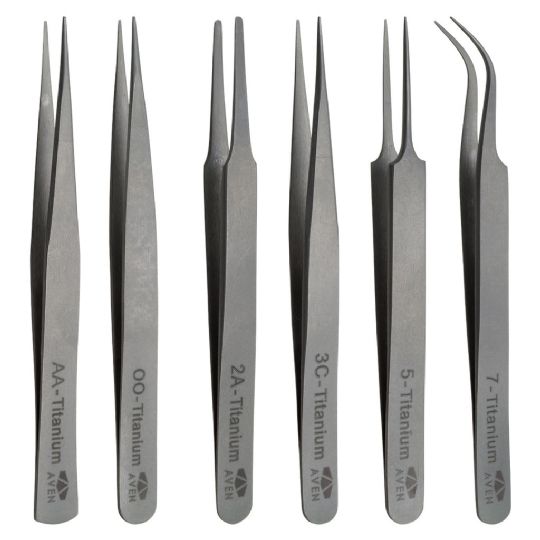 Set of six titanium tweezers designed for precision tasks