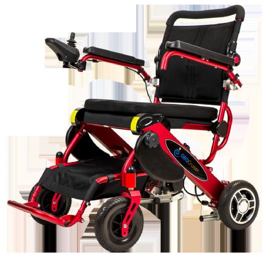 Geo Cruiser DX Folding Power Wheelchair In Red front side view