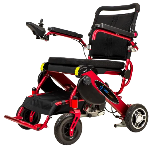 Geo Cruiser DX Folding Power Wheelchair In Red front side view