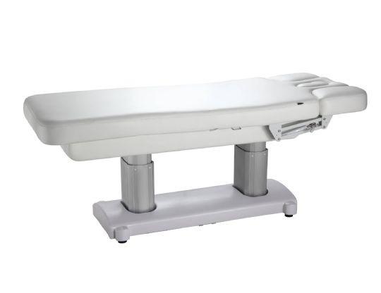 Luxurious white motorized massage table with adjustable height and multiple reclining options