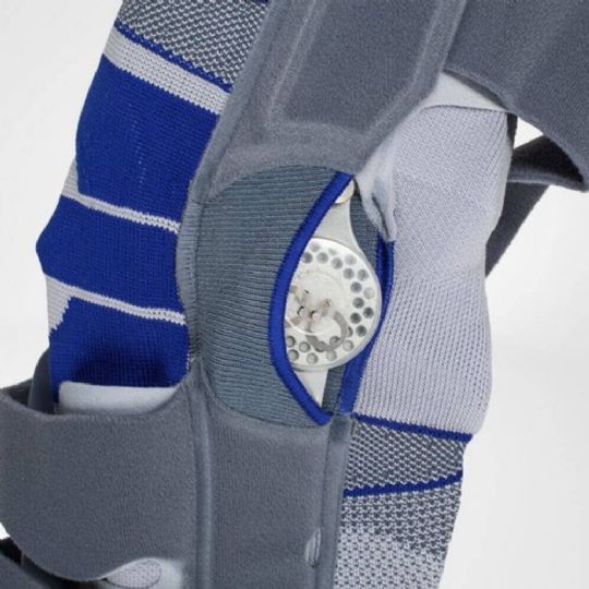 Close-up of softec genu knee brace with adjustable hinge for personalized stability