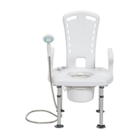 Compact shower chair with built-in bidet and handheld sprayer for safe, seated bathing