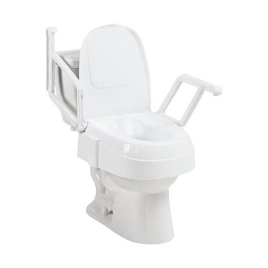 Adjustable raised toilet seat with armrests and lid for added comfort and support