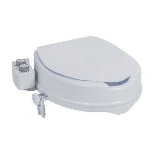 Adjustable raised toilet seat with built-in bidet and water control knobs for enhanced comfort and hygiene