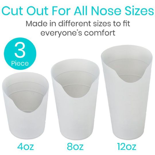 Set of 3 Vive Nosey Dysphagia Cups (4oz, 8oz, 12oz) with cutout design for comfort and easy drinking.