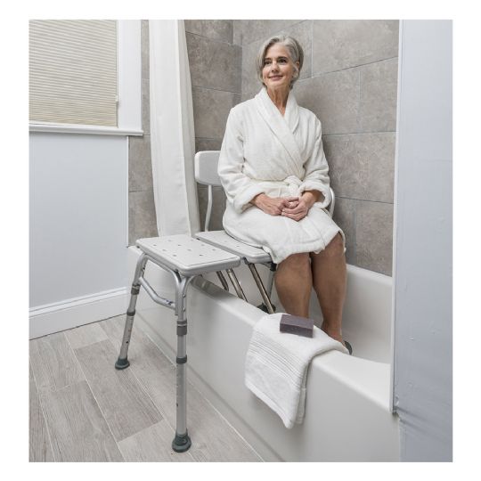The Splash Defense Transfer Shower Bench with Curtain Guard is perfect for transfers in and out of the shower