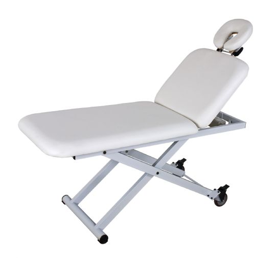 Adjustable massage table with white cushioning and a sturdy metal frame, designed for comfort and mobility