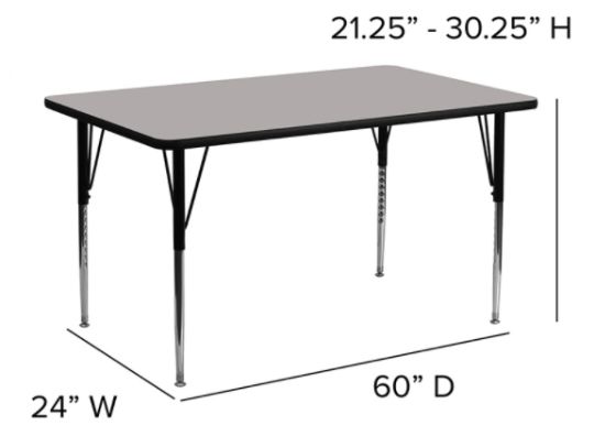 Classroom Activity Table - 24 in x 48 in Rectangular with HP Laminate Top measurements.
