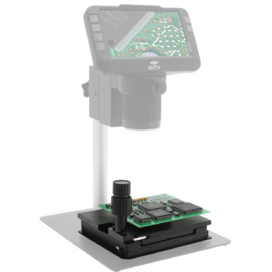 Compact gliding stage inspecting a PCB under a digital microscope setup