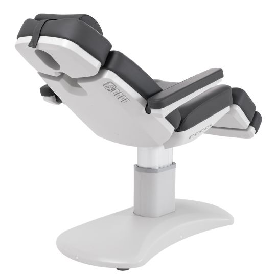 Adjustable dark grey facial chair with ergonomic design and removable armrests