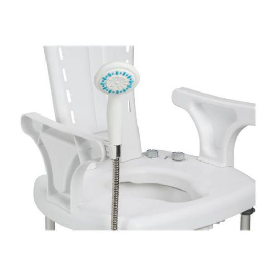 Close-up of shower chair with ergonomic armrests and integrated handheld sprayer