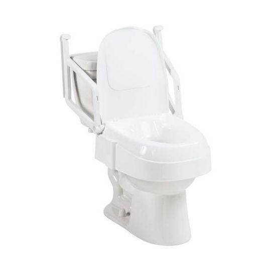 Raised toilet seat with adjustable armrests for added stability and comfort