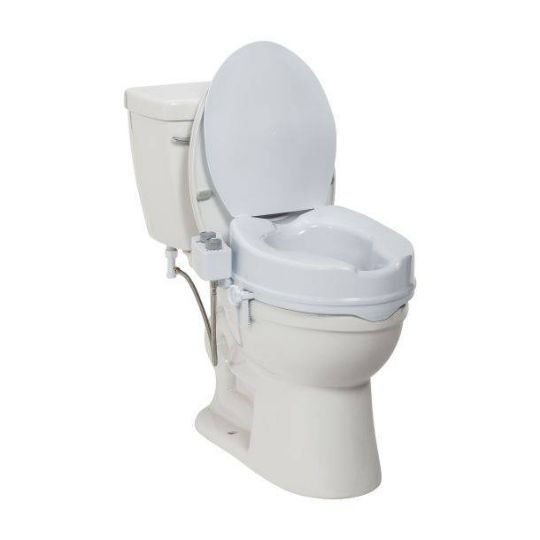 Raised toilet seat with integrated bidet, providing comfortable elevation and adjustable water control