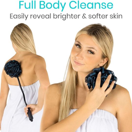 Woman using a bendable loofah brush for a full-body cleanse